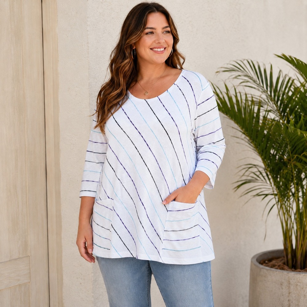 Weekends by Chico's Size 3 XL Stripe Tunic Top High Low Pockets Cotton Knit